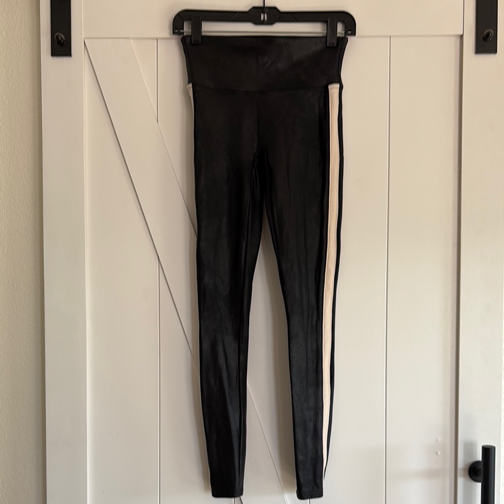 Spanx Black Leggings With White Stripes.
